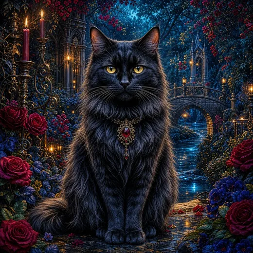 A cat drawn in lantern-lit gothic ornament