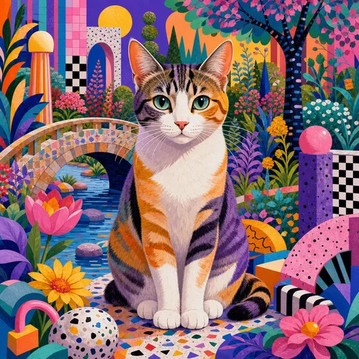 A cat drawn in Memphis shapes and night neon