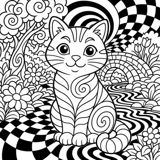 A cat drawn in black and white op art