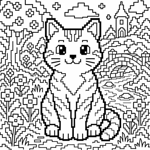 A cat drawn as black and white pixel blocks