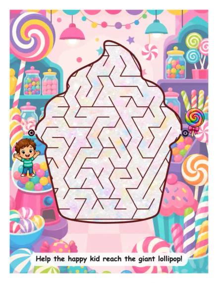 A cupcake maze in a candy shop, with a happy kid at the start and a giant lollipop at the finish