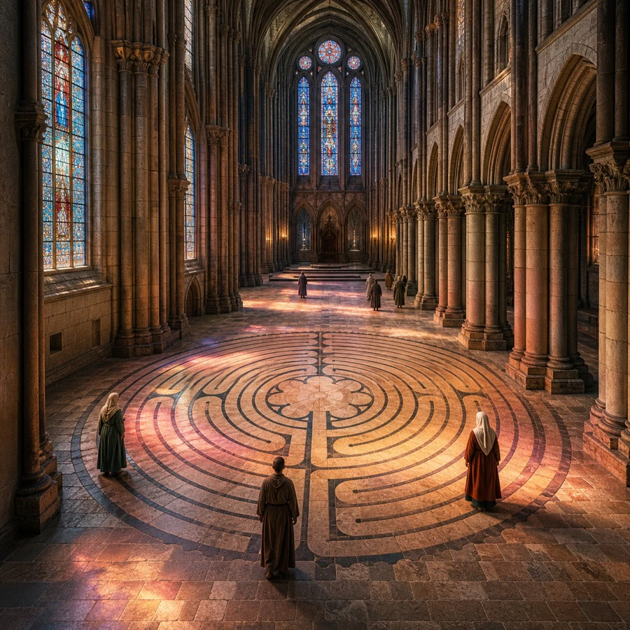 Chartres Cathedral interior with a circular floor labyrinth
