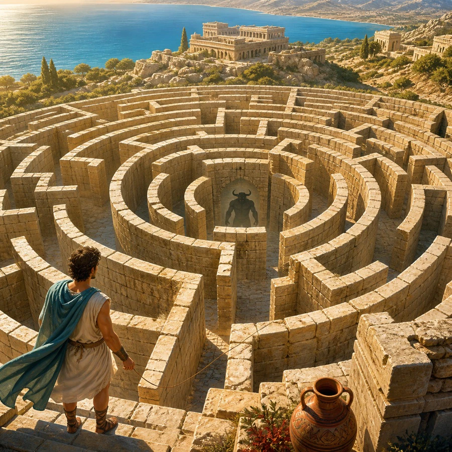 Ancient Greek stone labyrinth with a Minotaur shadow inside