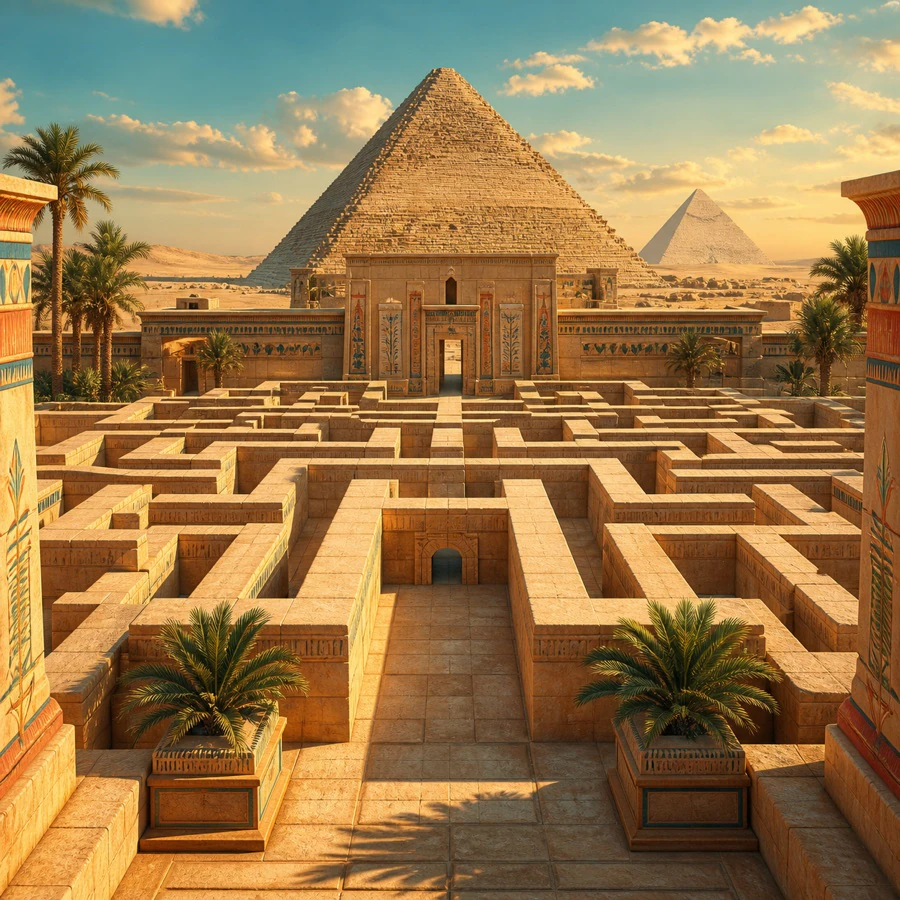 Ancient Egyptian pyramid complex with a stone labyrinth courtyard