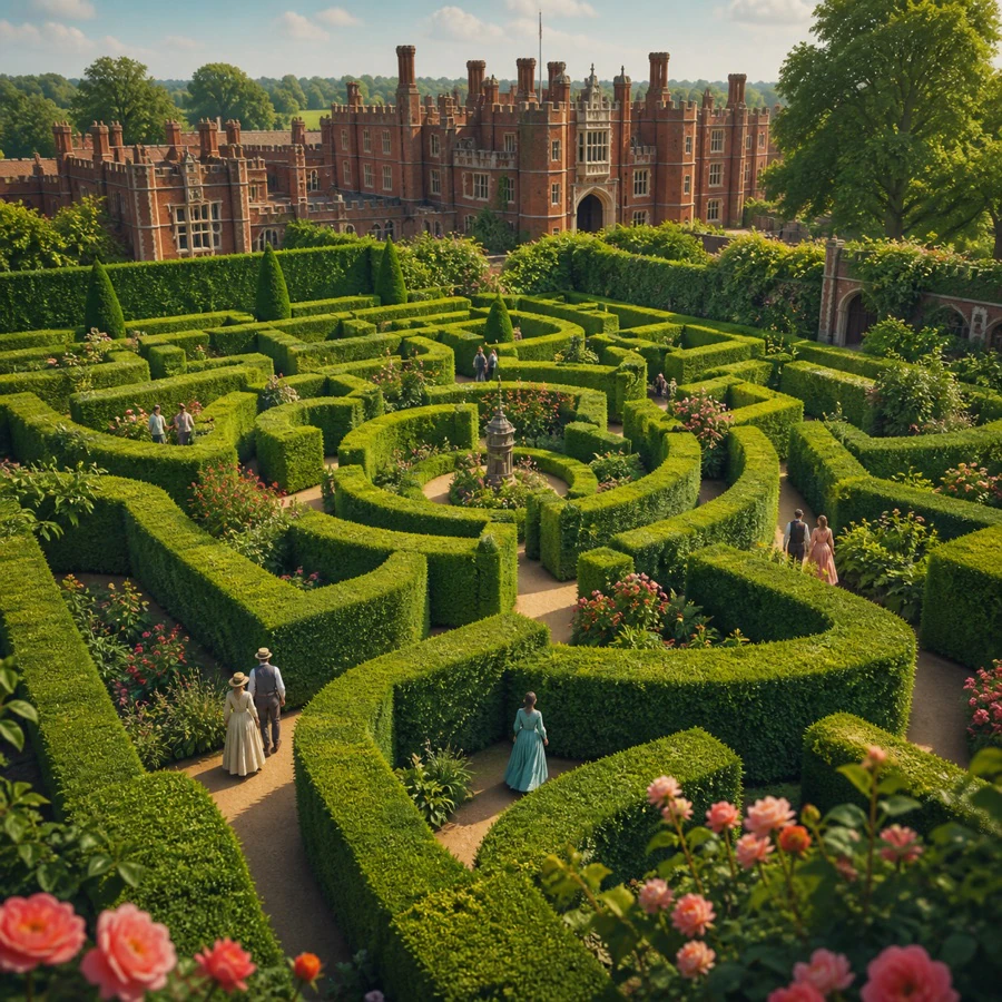 Hampton Court palace garden with a green hedge maze