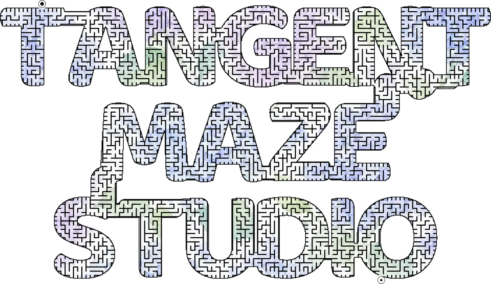 Tangent Maze Studio spelled out, every letter carved into one solvable maze